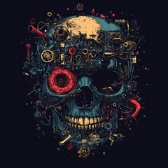 Poster - A detailed illustration of a human skull made of various gears, cogs, and other mechanical parts.