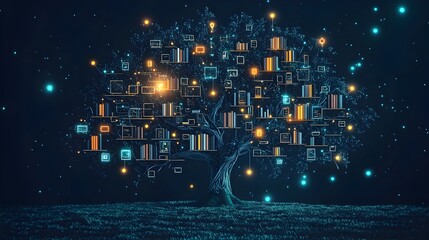 Poster - Expanding digital network of knowledge growth fueled by data insights and analytics flat design on white background