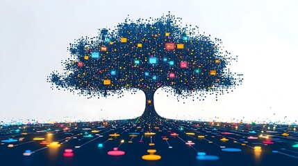 Poster - Digital network expanding into a tree of knowledge growth fueled by data driven insights and analytics flat design on a white background