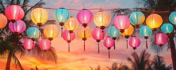 Wall Mural - Colorful festival lanterns hanging from trees, vibrant and festive evening