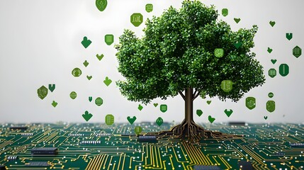 Poster - Digital tree expanding and growing from computer chips symbolizing the concept of technology driven growth data powered progress and innovation in the digital age  Flat design on white background