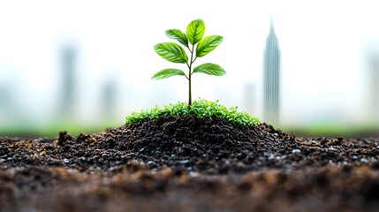 Poster - emerging skyscraper from sprouting plant symbolizing potential growth and expansion in flat design o
