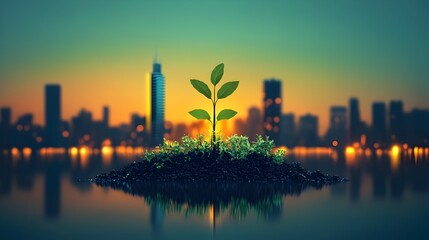 Poster - of a small plant transforming into a skyscraper representing the concept of growth expansion and the potential for progress and development