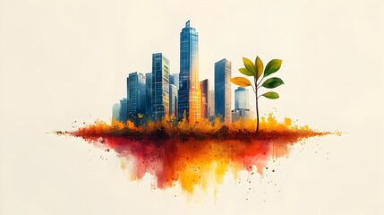 Poster - minimalist flat design of a small plant transforming into a tall skyscraper symbolizing the concept 