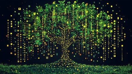 Poster - binary code and digital data transforming into a growing thriving tree with green leaves in a minima