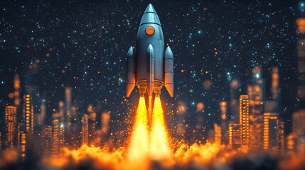 Poster - Rocket Launching from a Plant Symbolizing the Concept of Business Growth Innovation and Limitless Potential Depicted in a Flat Design on a White Background