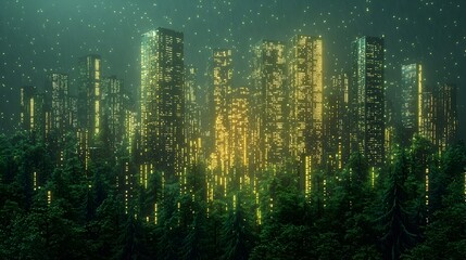 Poster - flat design depicting a data grid transforming into a lush forest symbolizing the growth and evoluti