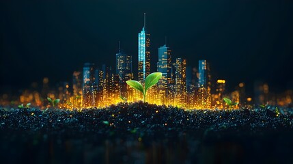 Poster - abstract of a sprout transforming into a futuristic skyscraper representing the concept of urban gro