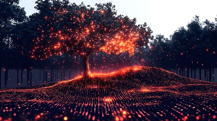 Poster - Flat Design of Data Flow Turning Into a Lush Growing Tree   Symbol of Potential and Opportunity Through Digital Information and Technology