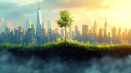 Poster - sapling transforming into city skyline potential for urban expansion and development