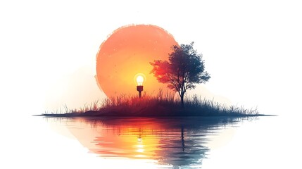 Poster - Small light turning into a bright sun symbolizing growth development and the realization of full potential depicted in a flat design with a clean white background
