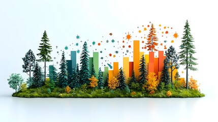 Poster - Expanding bar graph visualization depicting the growth and rise of data and information set against the backdrop of a lush nature filled forest landscape in a flat minimalist design style