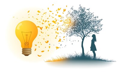 Poster - lightbulb transforming into a tree representing the transition from traditional energy to sustainabl