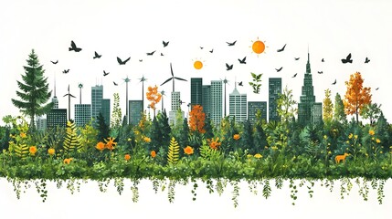 Poster - renewable energy icons expanding across a lush green landscape symbolizing the growth and embrace of