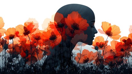 Poster - minimalist flat design depicting a human head transforming into a blooming flower symbolizing the co