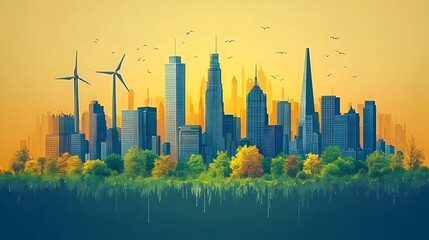 Poster - sustainable expansion of the city skyline depicted through a flat design featuring wind turbines tre