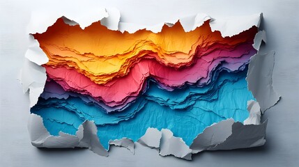 Poster - Torn paper turning into a colorful abstract canvas representing creativity breaking through minimalist flat design on isolated white background