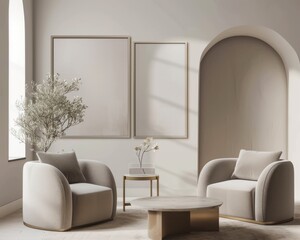 Modern minimalist living room interior with two armchairs, a coffee table, blank frames and an archway. Interior design concept.