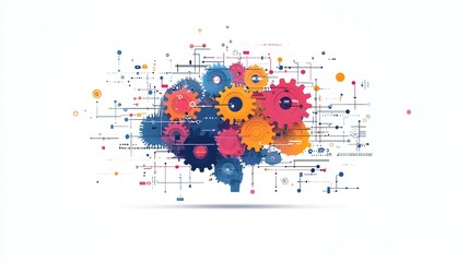 Poster - Flat design of a brain transforming into gears and cogs symbolizing the mental processes innovative ideas and cognitive mechanisms involved in problem solving and creative thinking