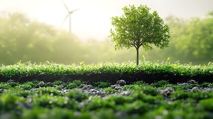 Poster - sapling transforming into wind turbine of sustainable energy growth and renewable power concept on w