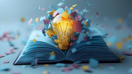 Poster - book morphing into a lightbulb depicting the concept of knowledge inspiring creative ideas in a flat