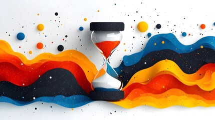 Poster - depicting an hourglass transitioning into a flowing colorful paint effect symbolizing the concept of creativity and the passage of time  Flat design style with a clean white background
