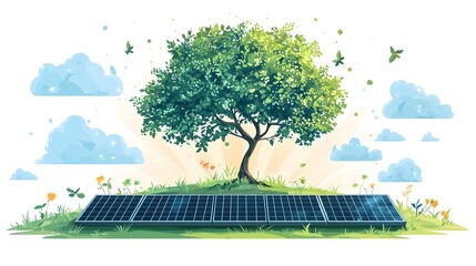 Poster - renewable energy and sustainability concept showing a solar panel transforming into a growing flouri