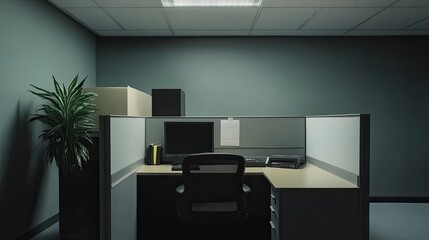Poster - An Empty Office Cubicle with a Desk, Chair, and Monitor