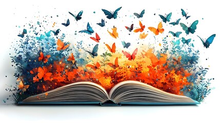 Poster - captivating flat design depicting a book transforming into a flurry of flying pages symbolizing the 