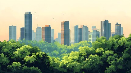 Poster - flat design depicting a city expanding into and blending with the surrounding forest showcasing the 