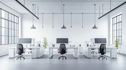 Poster - Modern White Office Interior with Three Workstations