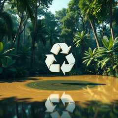 Abstract icon representing the ecological call to recycle and reuse in the form of a pond with a recycling symbol in the middle of a beautiful untouched jungle. 3d rendering.