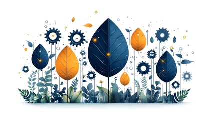 Poster - interconnected leaf gears transforming into a mechanical system symbolizing the concept of sustainab