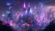 © Tonadech - A cityscape of iridescent glass buildings shimmering with magical glow tall spires and whimsical towers rising into the sky lined with neon flora and magical creatures