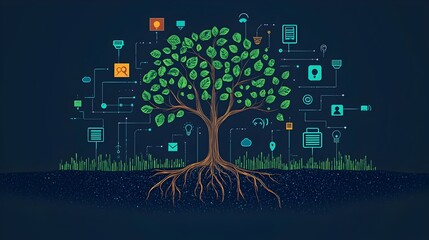 Poster - intertwining tree roots seamlessly integrating with digital technology symbolizing the connection be