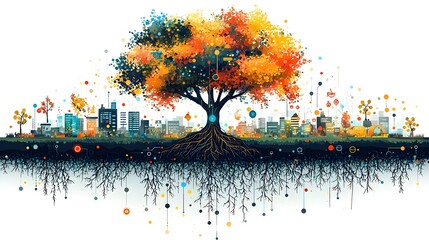 Poster - intertwined roots of nature and technology symbolizing the interconnected growth and sustainability 