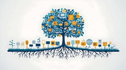 Poster - tree roots intertwining with digital technology symbolic flat design depicting the connection betwee