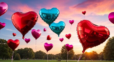 Poster - Heart shaped balloons floating in a park during sunset background beautiful scene filled with vibrant colors symbolizing love and affection