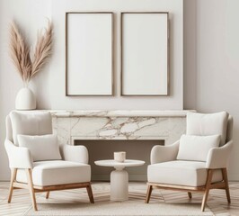 Minimalist living room interior with two armchairs, fireplace and blank picture frames. 3D rendering illustration.