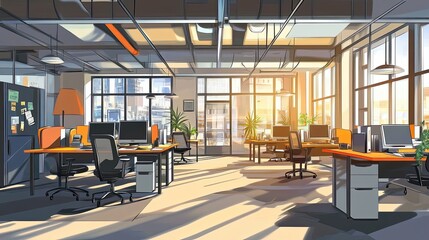 Poster - Modern Open-Plan Office Space with Large Windows and Sunlight Streaming In