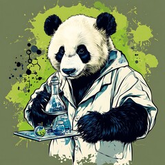 A panda bear dressed as a scientist holds a tray of beakers and flasks.