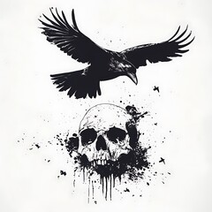 A raven flies over a skull with dripping paint splatters.