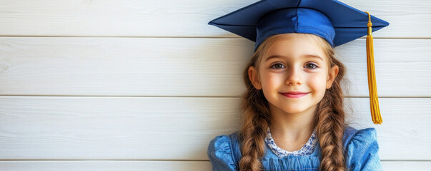 A young girl wearing a blue graduation cap and gown is smiling for the camera. Concept of accomplishment and pride, as the girl is likely graduating from school