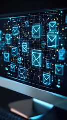 Poster - A computer monitor displays a pattern of blue boxes with a message in the center. The boxes are arranged in a grid and are connected to each other