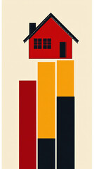 Poster - A house is shown in a painting with a red roof and yellow and black stripes. The house is on top of a stack of three blocks. The painting has a playful and whimsical mood