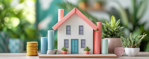 Poster - A house made of blocks with a pile of coins on the table. The house is pink and white and has a blue door