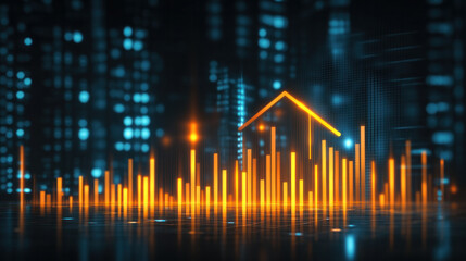 Poster - A city skyline with a house in the middle of it. The house is orange and the skyline is blue