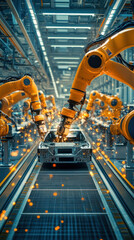 Poster - A car is being constructed in a factory with robots. The robots are yellow and are working on the car