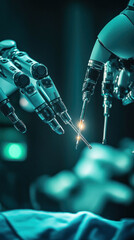 Poster - Two robotic arms are holding a pair of scissors, with one arm holding the scissors and the other arm holding a small object. The scene is set in a hospital or medical facility