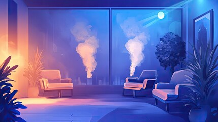 Poster - A View of the City Through a Window at Night with Two Armchairs and Plants